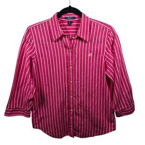 Chaps Top Womens M Pink Linen Cotton Button Down 3/4 Sleeve Striped Casual